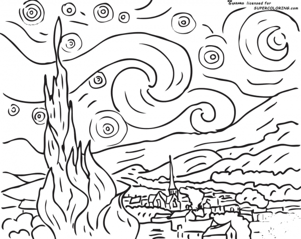Starry Night By Vincent Van Gogh coloring page image