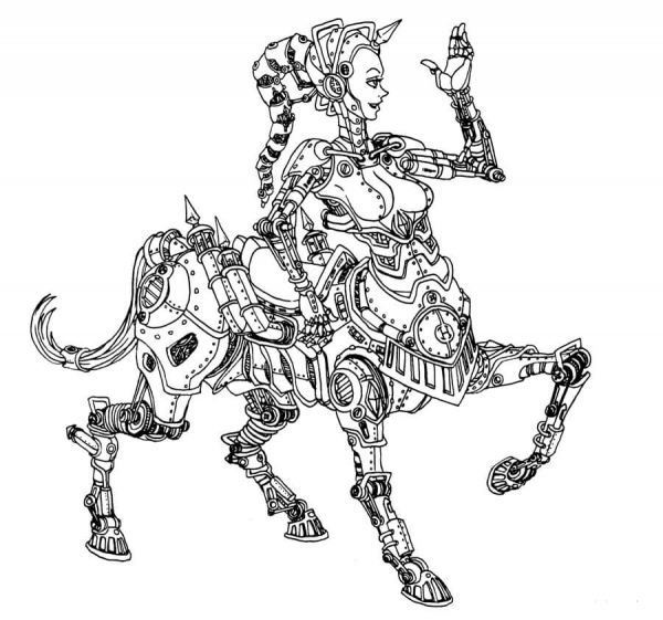 Steampunk Centaur Robot coloring page image