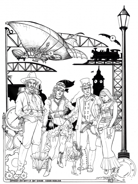 Steampunk Characters with a Dirigible Behind coloring page image