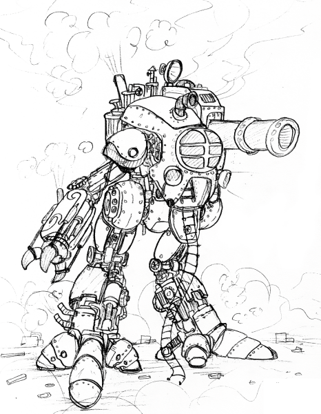 Steampunk Giant Robot With a Big Cannon coloring page image