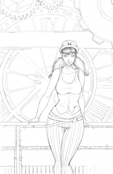 Steampunk Pin-up Girl behind a giant clock coloring page image