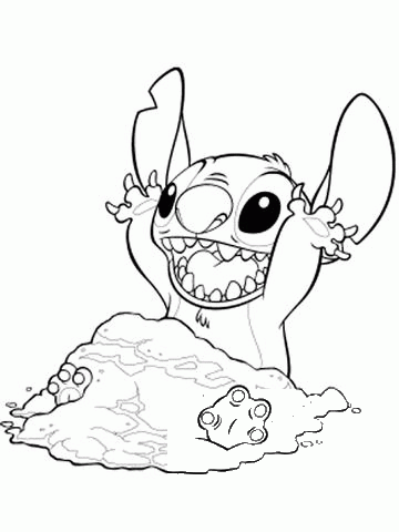Stitch is playing in the sand coloring page image