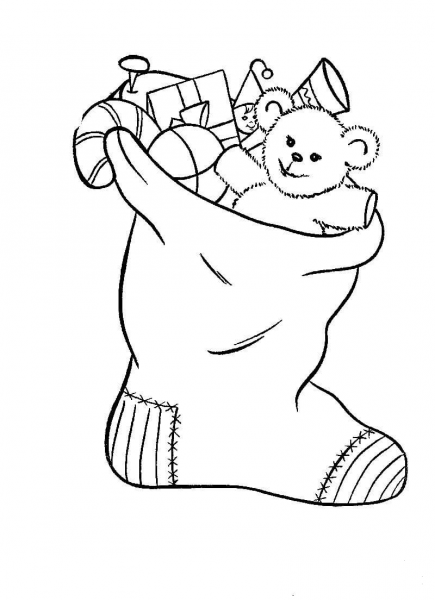Stocking is filled with toys coloring page image