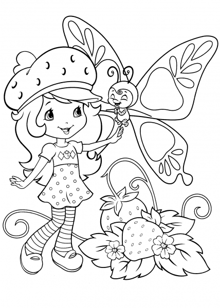 Strawberry Shortcake and Butterfly coloring page image