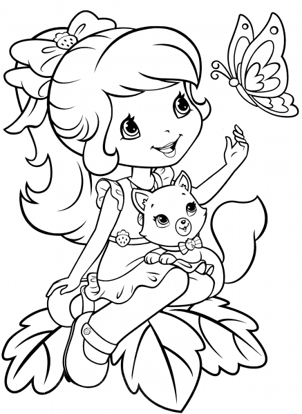Strawberry Shortcake with Custard and Butterfly coloring page image