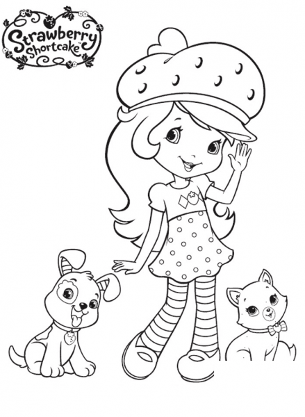 Strawberry Shortcake with Pupcake and Custard coloring page image