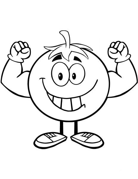Strong Tomato Cartoon Mascot Character Flexing coloring page image