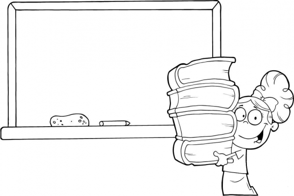 Student Girl with Books in Front of School Chalk Board coloring page image