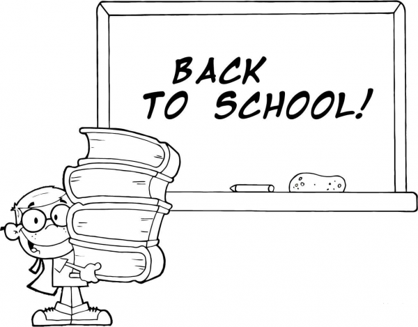Student with Books in Front of School Chalk Board with Text Back to School coloring page image