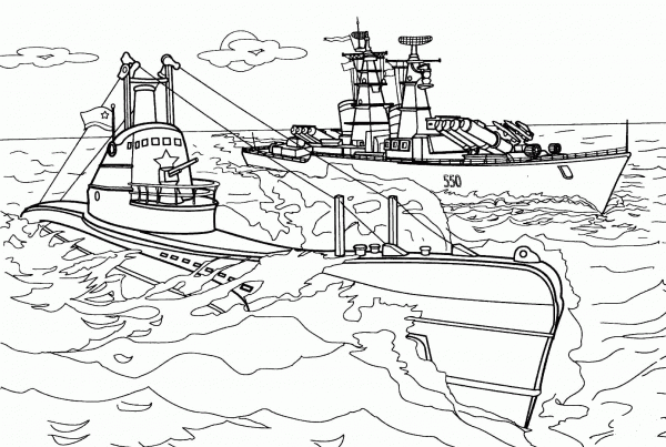 Submarine and Warship coloring page image