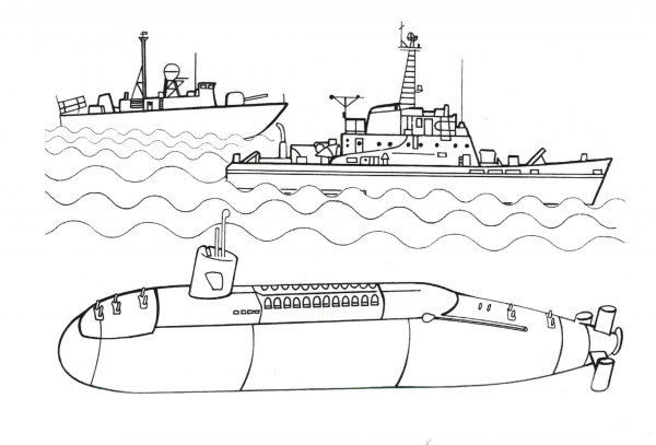Submarine and Warships coloring page image