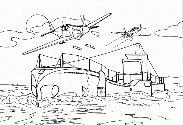 Submarine is attacked by fighter aircrafts coloring page image