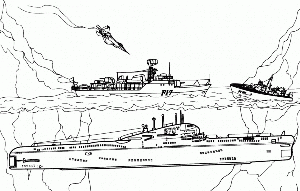 Submarine vs Warships coloring page image