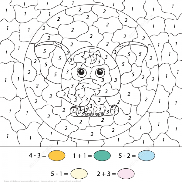 Subtration and Addition a Cute Cartoon Elephant Color by Number image