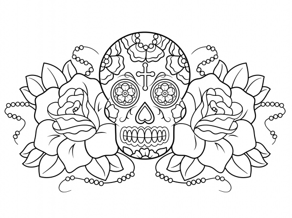 Sugar Skull and Roses coloring page image