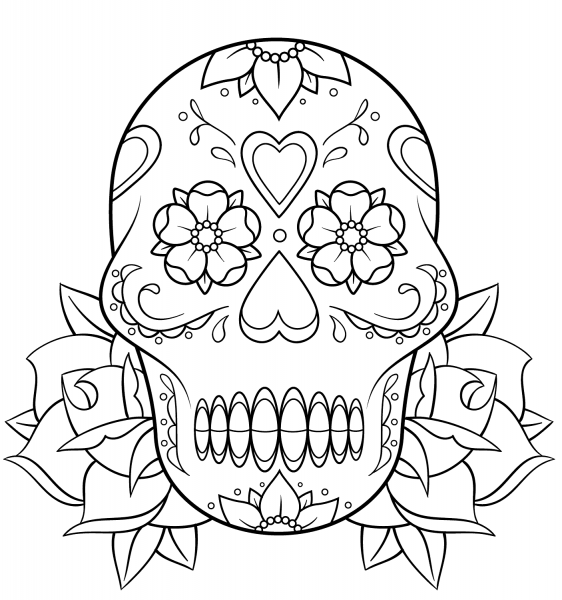 Sugar Skull and Roses coloring page image