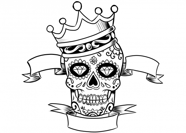 Sugar Skull with Crown coloring page image