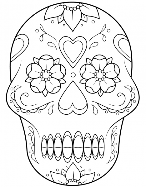 Sugar Skull with flowers and hearts coloring page image