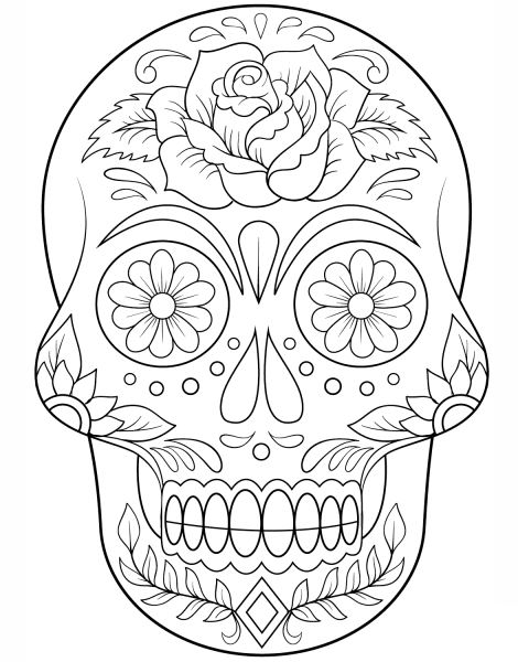 Sugar Skull with Flowers coloring page image