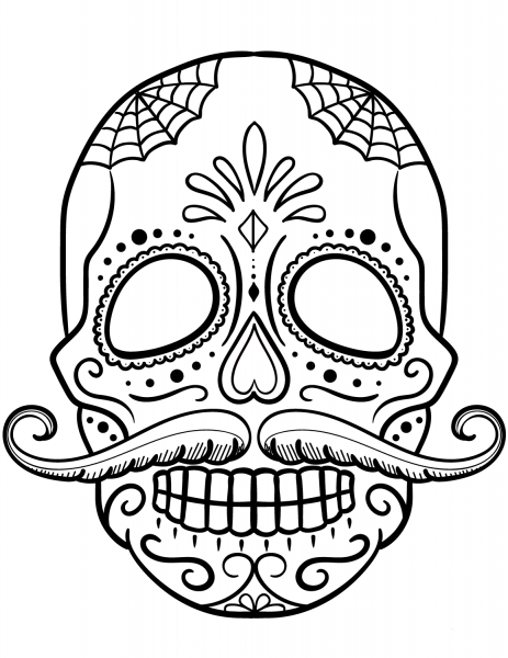 Sugar Skull with Mustache coloring page image