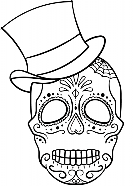 Sugar Skull with Top Hat coloring page image