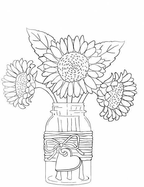 Sunflowers in Vase coloring page image