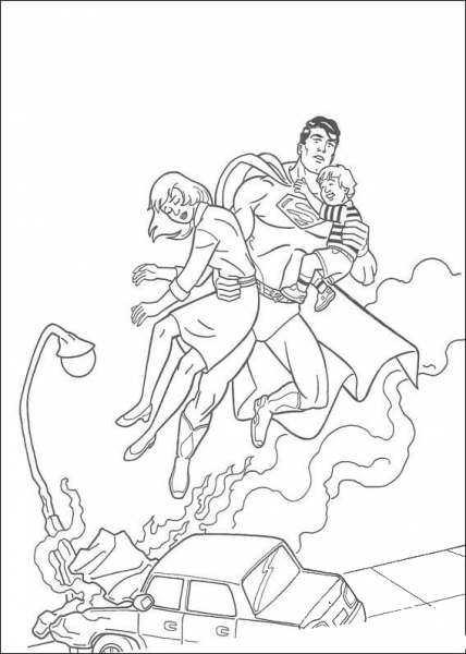 Superman is saving a woman and a child  coloring page image