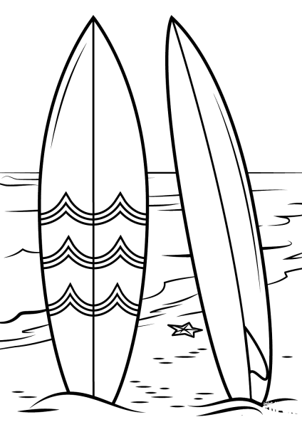 Surfboards on Beach coloring page image