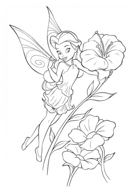 Surprised Tinkerbell and Flowers  coloring page image