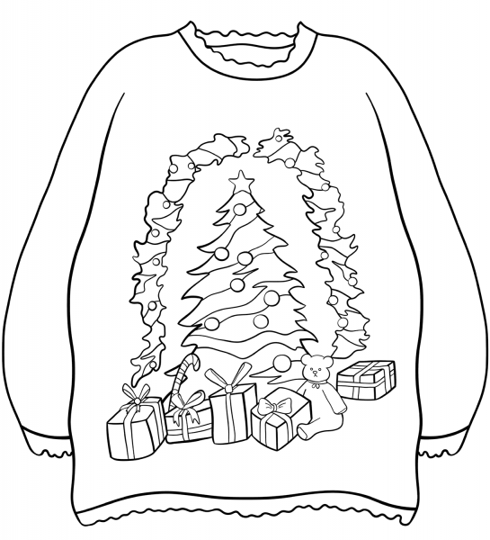 Sweater with Christmas Tree and Presents coloring page image