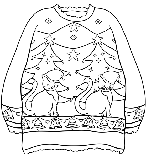 Sweater with Christmas Trees and Cats coloring page image