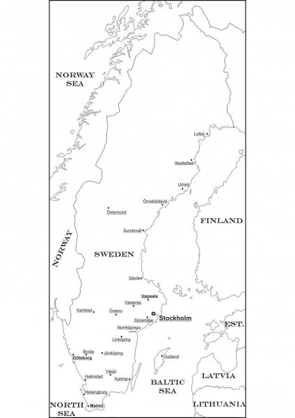 Sweden Map with Cities coloring page image
