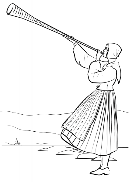 Swedish Woman Blowing Her Horn and Dressed in National Costume coloring page image