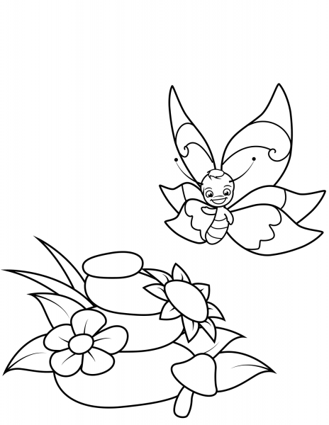 Sweet Butterfly and Pile of Rocks coloring page image