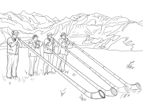Swiss Alphorn Players coloring page image