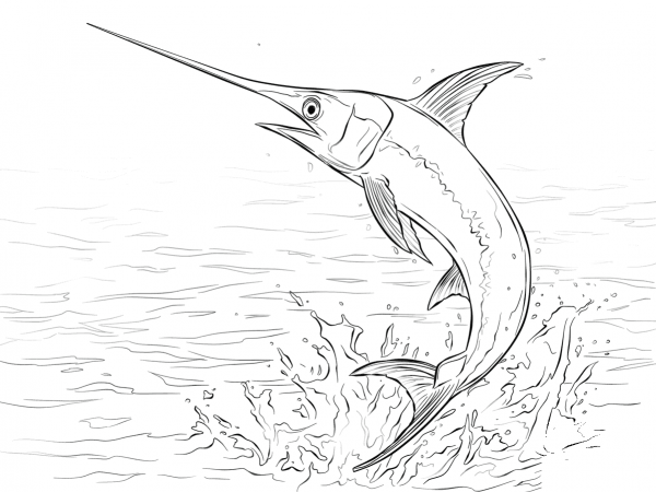Swordfish Jumping out of Water coloring page image