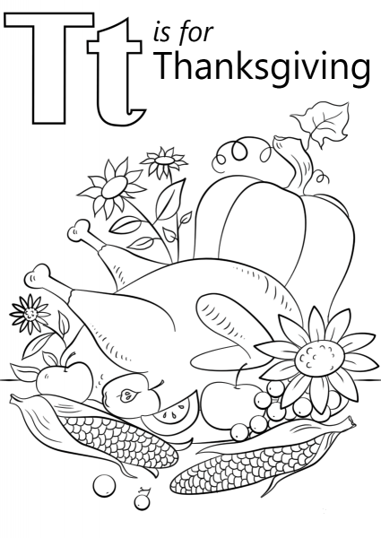 T is for Thanksgiving coloring page image