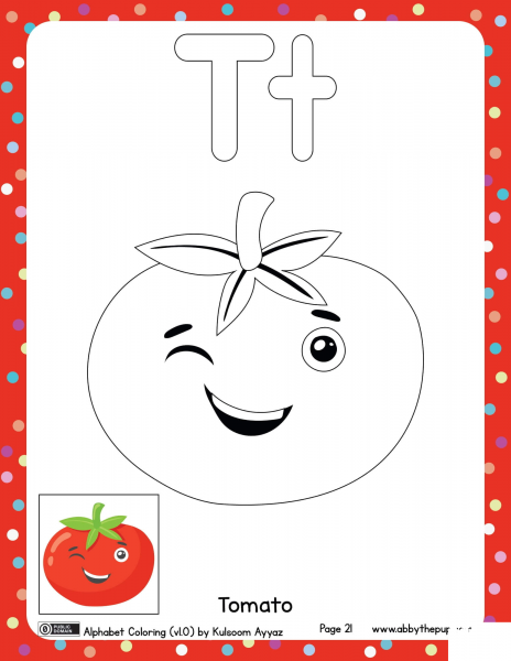 T is for Tomato coloring page image
