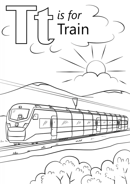 T is for Train coloring page image