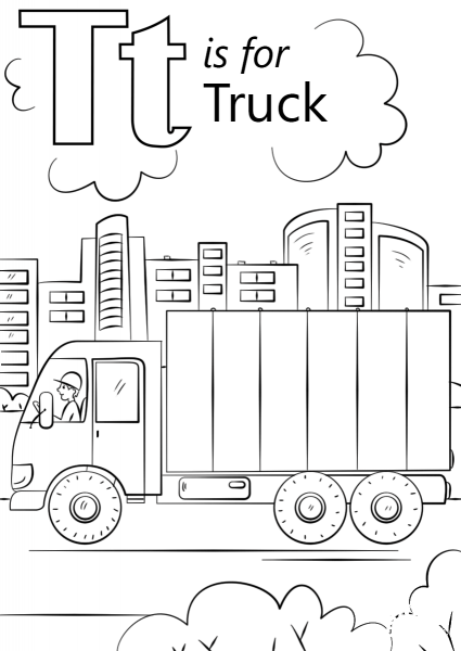 T is for Truck coloring page image