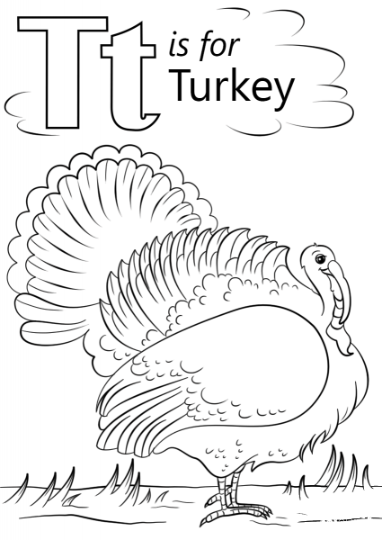 T is for Turkey coloring page image
