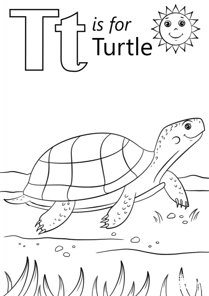T is for Turtle coloring page image