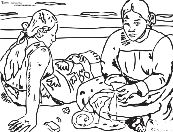 Tahitian Women (on The Beach) By Paul Gauguin  coloring page image