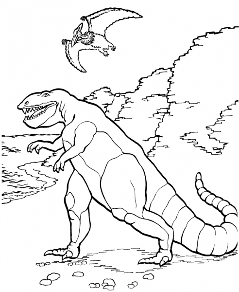 Tarbosaurus and Pteranodon coloring page image