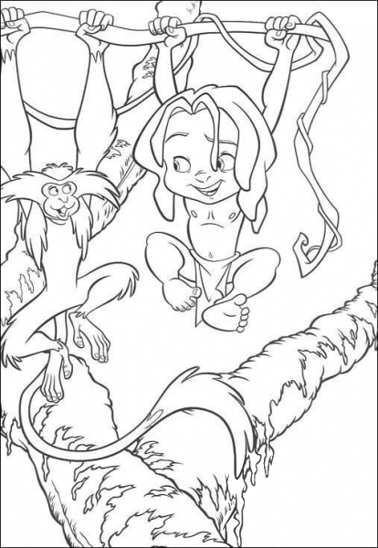 Tarzan and Terk are hanging on the liana coloring page image
