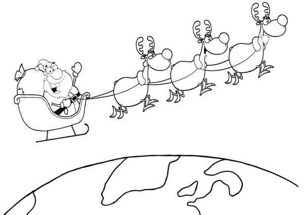 Team of Reindeer and Santa in his Sleigh Flying Above the Earth coloring page image