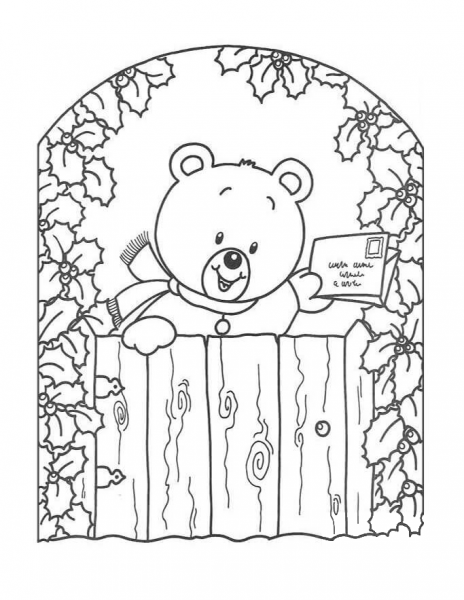 Teddy bear with Christmas Greeting Card coloring page image
