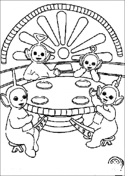 Teletubbies are having Lunch Together  coloring page image