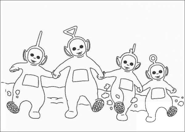 Teletubbies Hold Hand Together  coloring page image