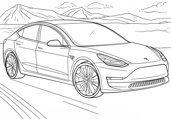 Tesla Model 3 coloring page image